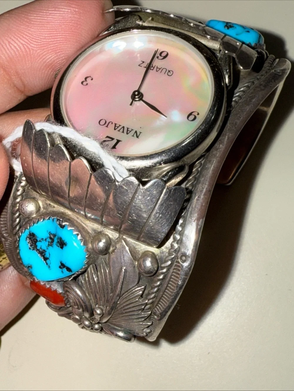 Vintage Sterling Silver Navajo Turquoise and coral inlay cuff watch